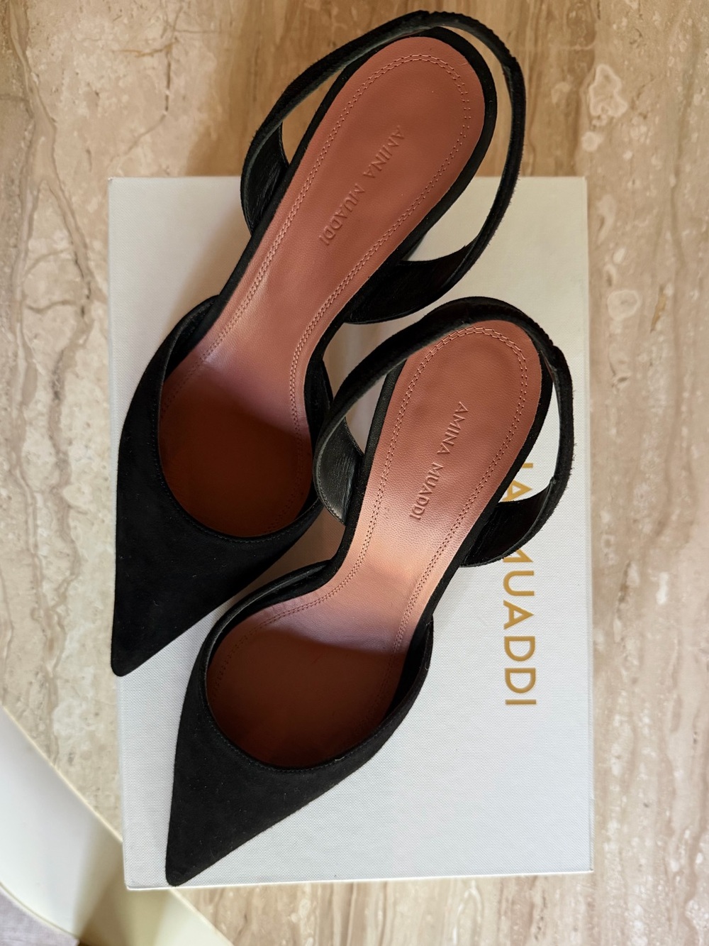 Amina Muaddi Holli 70 Black Suede Slingback Pumps (39)